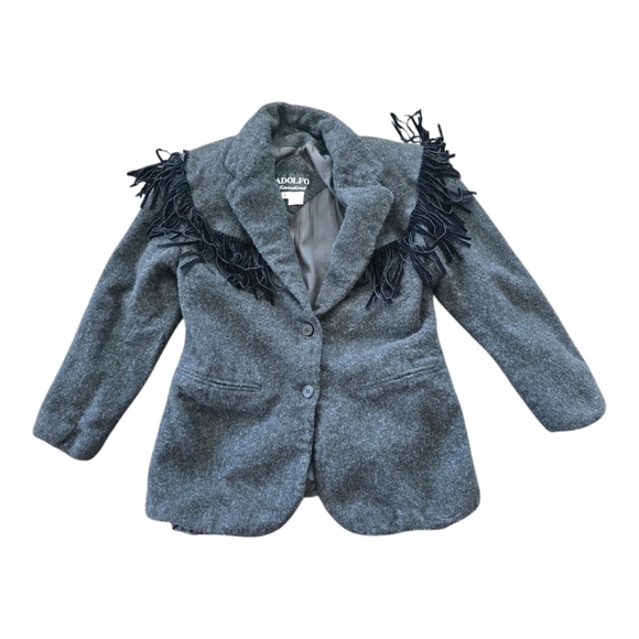 Adolfo Vintage Jacket Women Sz 8 Gray 100% Wool Buttonup Fringe Western … - Picture 1 of 11